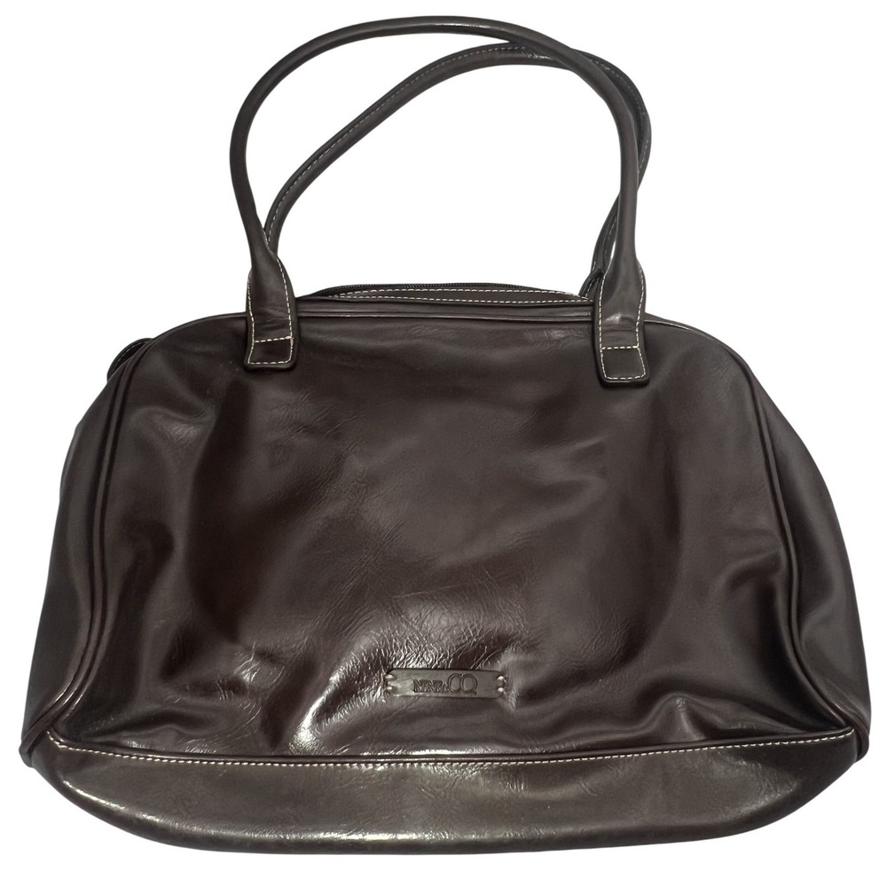 NINE & CO Brown‎ Faux Leather Shoulder Bag Tote Handbag White Stitching Buckle
